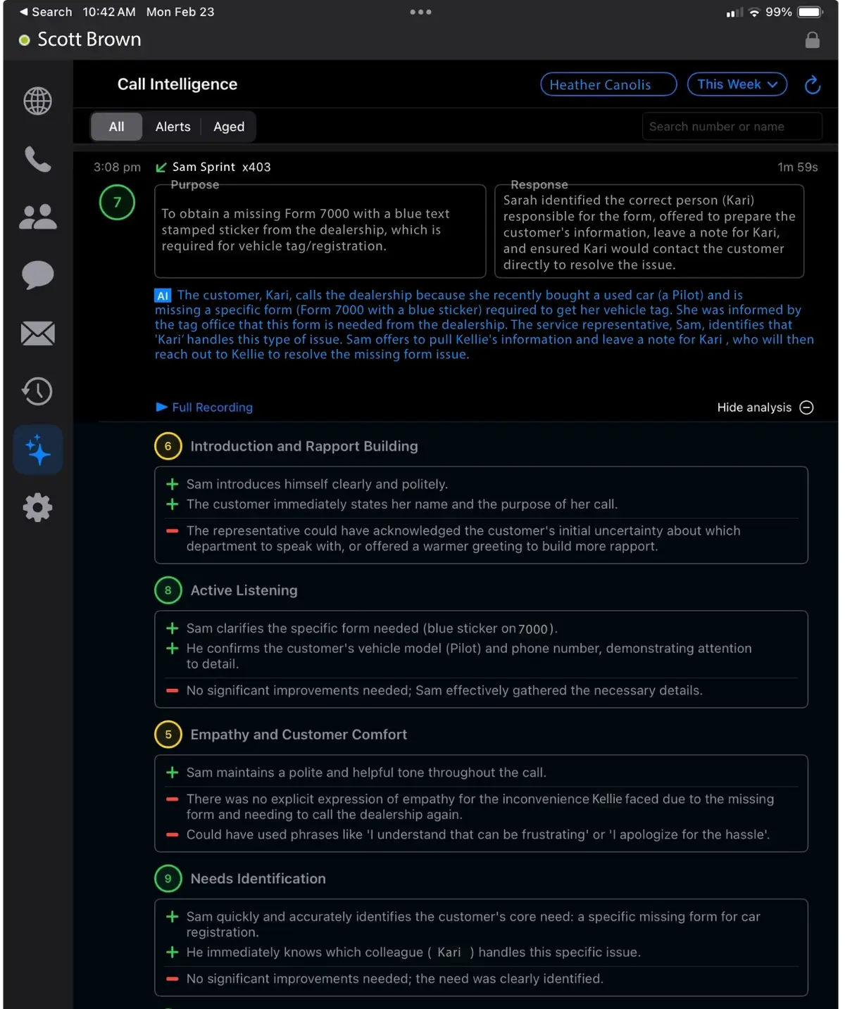 Detailed call scoring dashboard with performance ratings for business agents