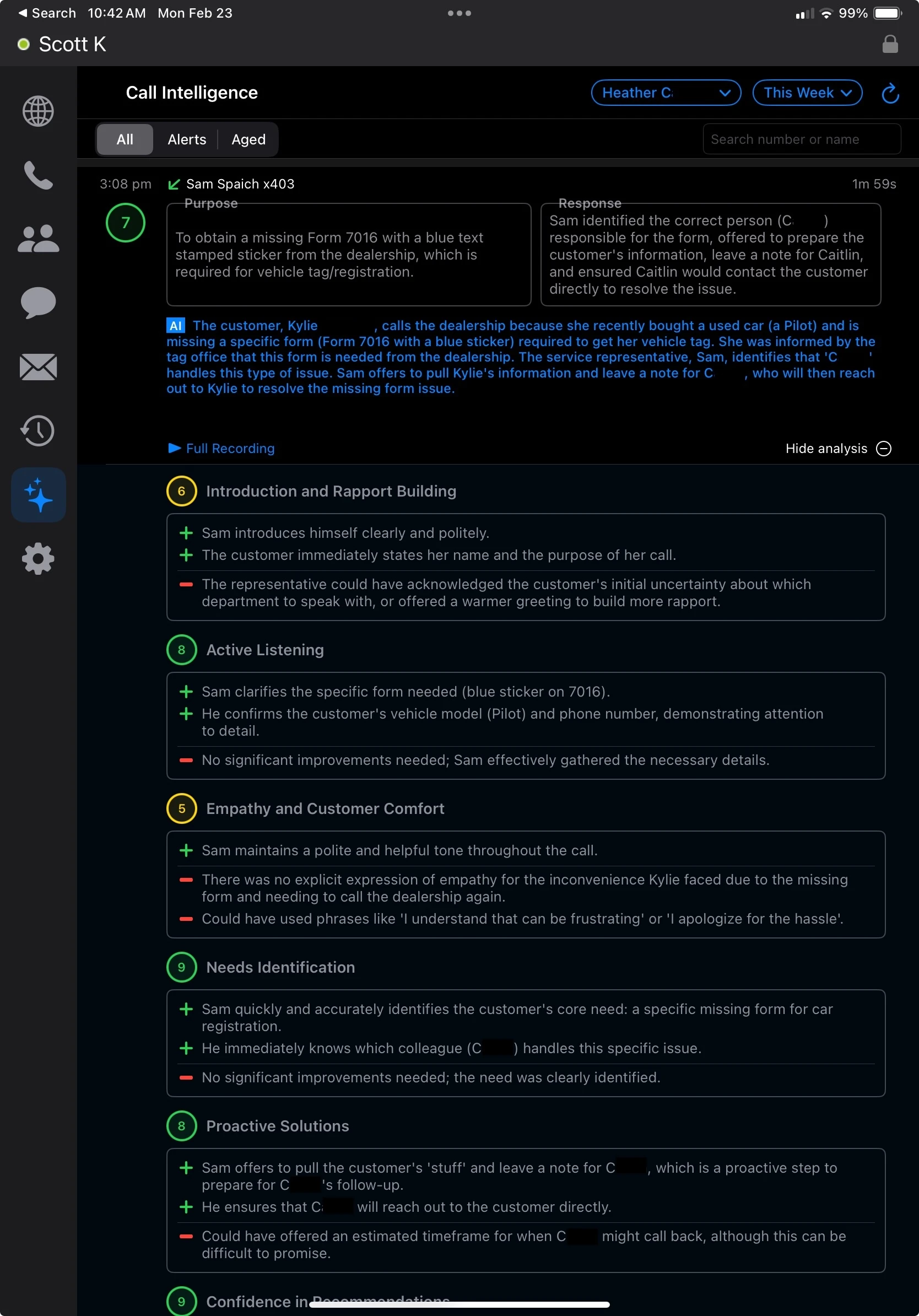 Detailed call scoring dashboard with performance ratings for business agents